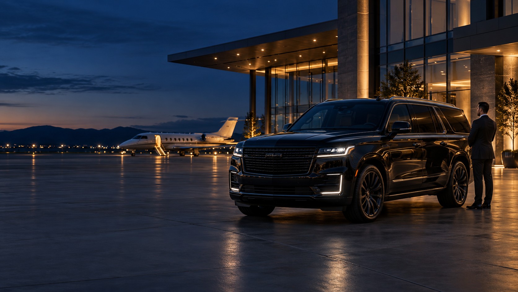 Black executive vehicle outside a private aviation terminal at dusk